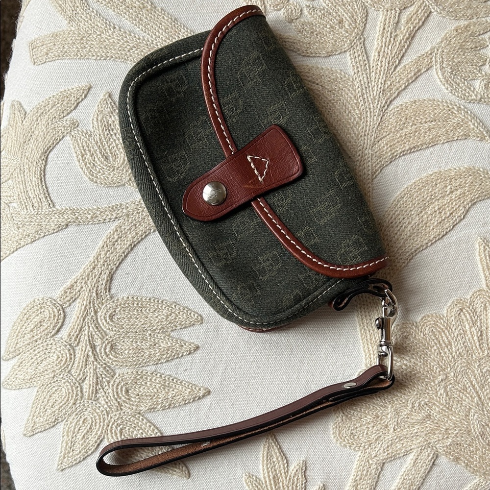 Dooney & Bourke Olive Green Signature Fabric w/Brown Leather Trim Wristle